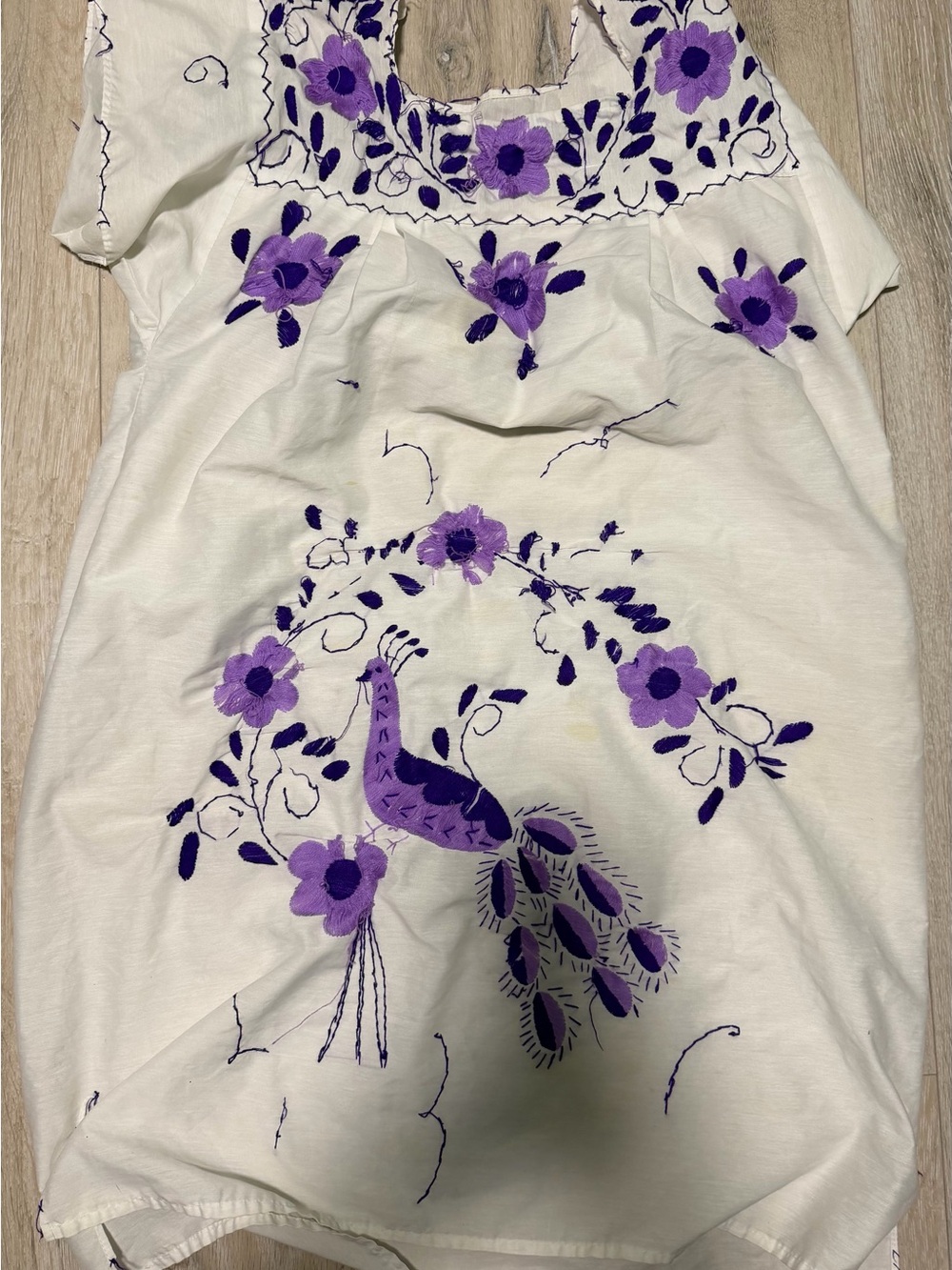 Source Unknown White Dress with Purple Floral & Peacock Embroidery